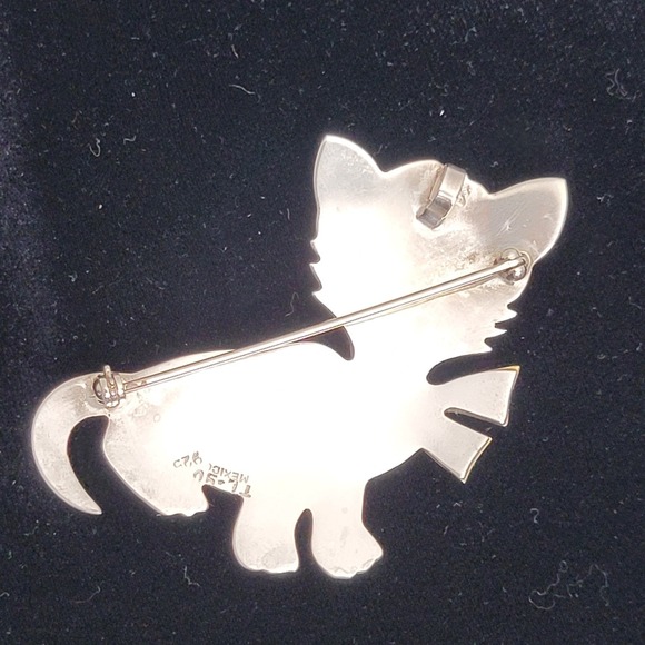 Sterling Silver 925 Cat Kitten Brooch & Pendant Pin Mixed Metal 2.25 Vtg Mexico